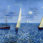 Sailboats painting: choppy blue waters, cloudy sky, ships on horizon