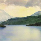 Panoramic painting of serene lake with boats and misty mountains