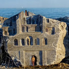 Seascape with high waves, cliffs, castle, and ships