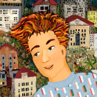 Whimsical portrait of a smiling man in colorful town