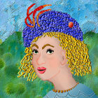 Woman with Curly Golden Hair and Blue Headwear in Green Textured Background