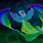 Colorful fantasy illustration of winged being in flowing garments with bubbles and starry backdrop