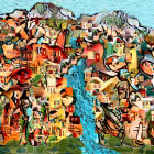 Whimsical village illustration with colorful houses, hills, river.