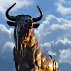 Majestic black fur bull with large curved horns under stormy sky