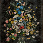 Vibrant bouquet of flowers in glass vase on dark background