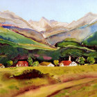 Serene village watercolor painting with rolling hills and snow-capped mountains