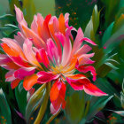 Colorful painting of pink and orange flowers with green leaves and white blossoms