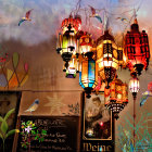 Vibrant hanging lanterns light up mystical garden with flowers and butterflies