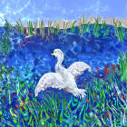 White Bird Flying Over Blue Lake with Greenery and Feathers Scattered