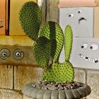 Colorful Cartoon Cacti with Googly Eyes on Patterned Background