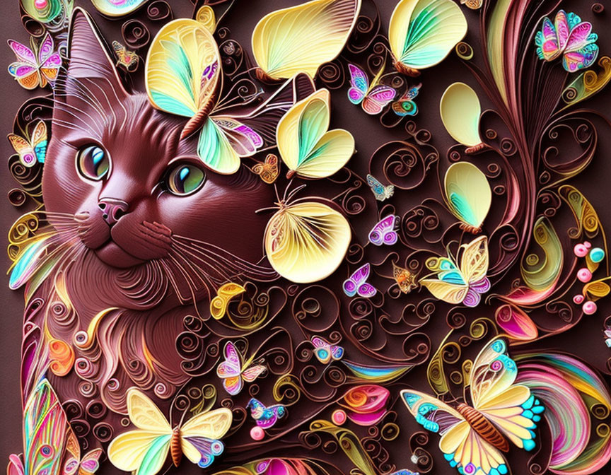 Colorful Artwork: Stylized Brown Cat with Butterflies