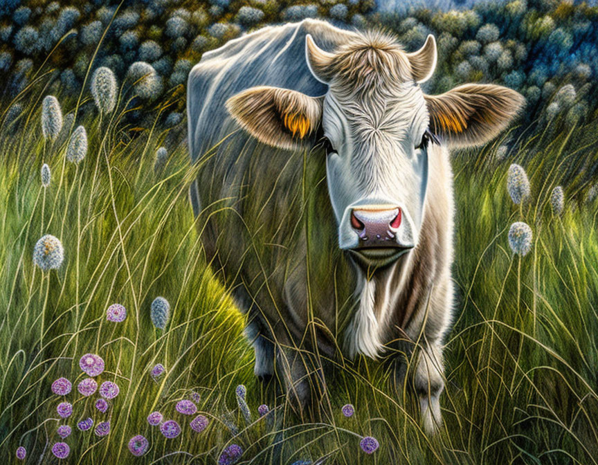 Realistic painting of a cow in a flower-filled field