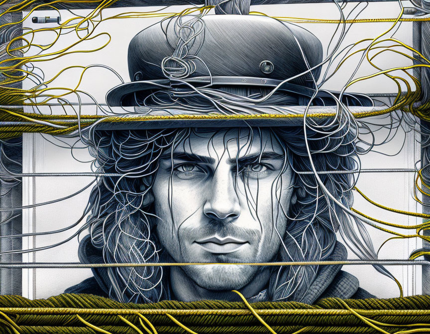 Intense gaze man in civil war cap with yellow cords on grid background