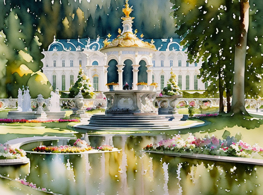 Palace and Gardens with Fountain, Flowers, and Statues in Vibrant Watercolor Style