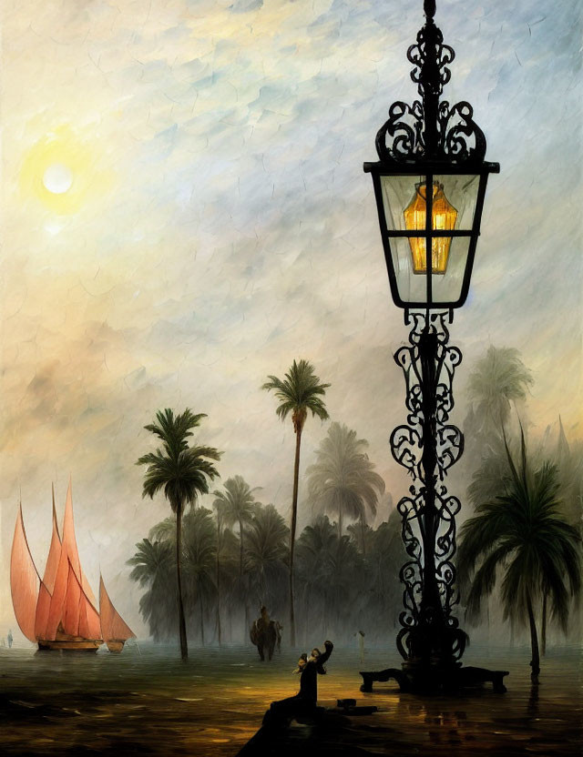 Ornate street lamp beside river with sailboats and palm trees at dusk