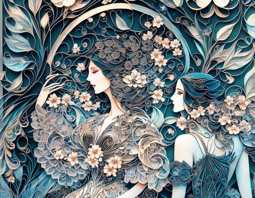 Detailed stylized illustration of two women in intricate floral patterns in blue hues