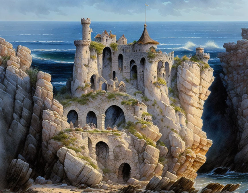 Coastal castle on rugged cliffs overlooking vast ocean