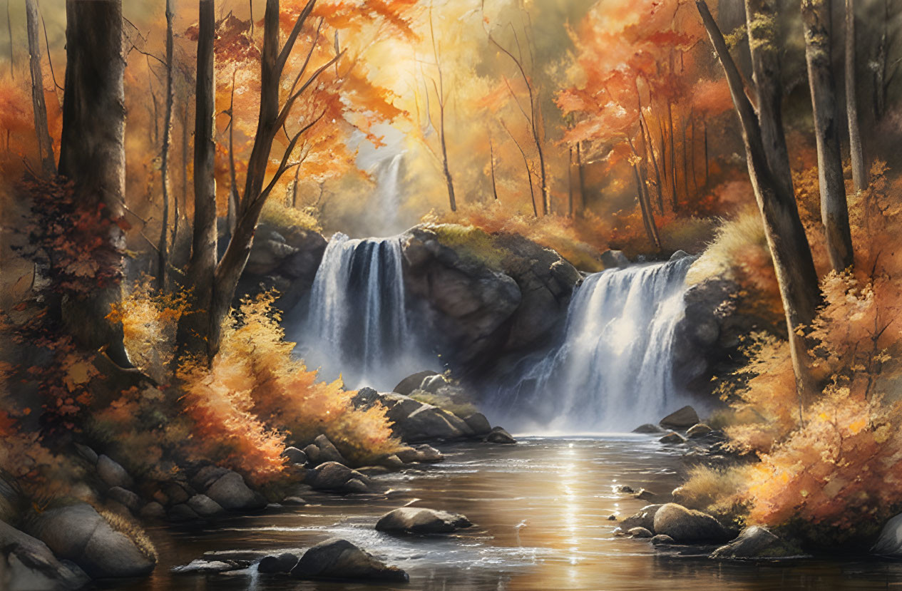 Tranquil autumn forest with waterfall, stream, and sunlit mist