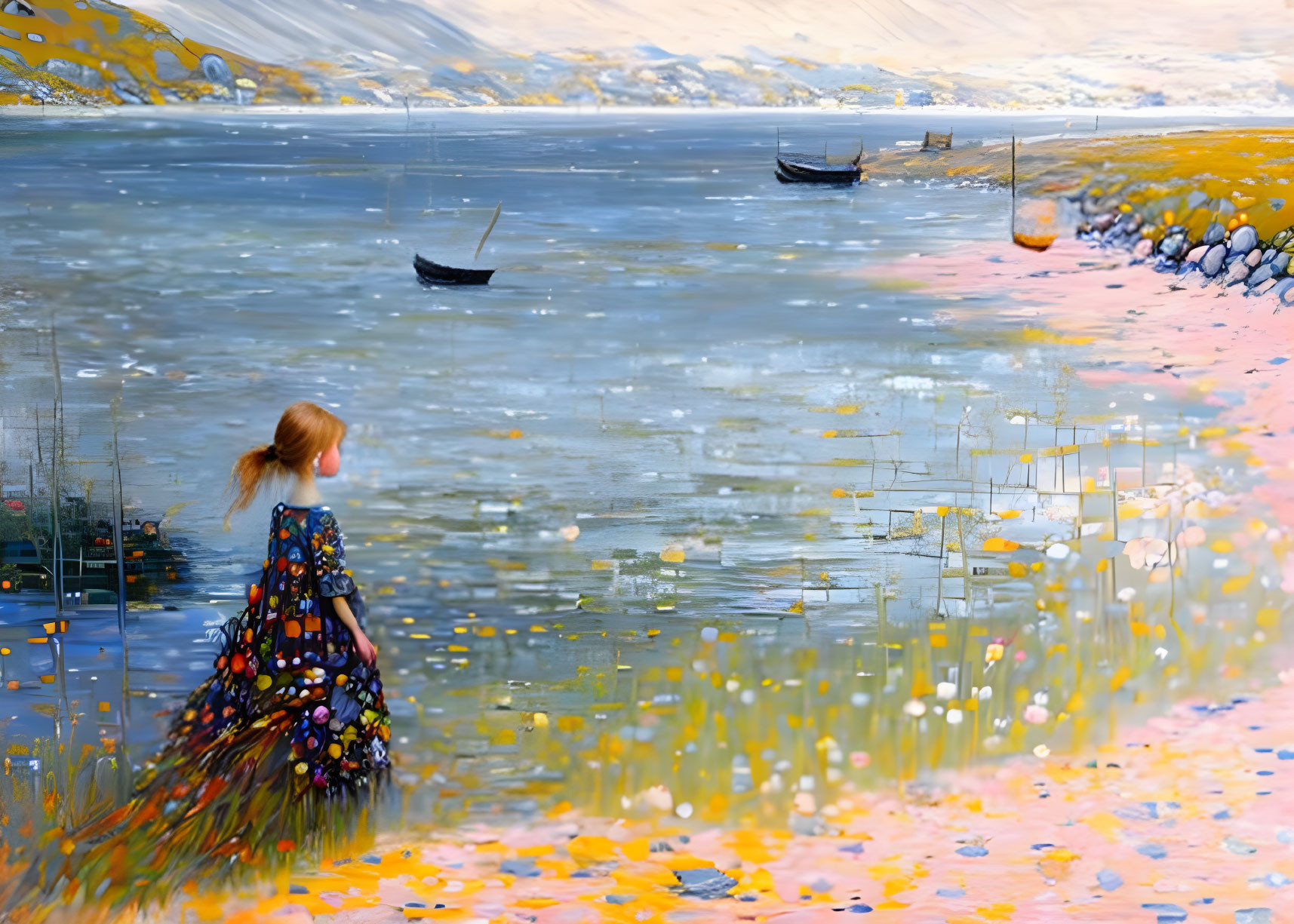 Woman in floral dress by riverbank with boats in colorful landscape