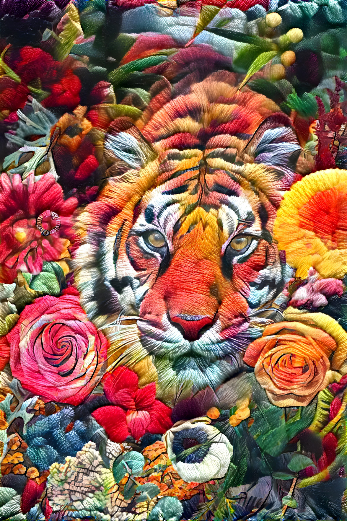 Tiger Peeking Through The Flowers