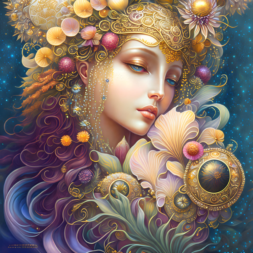 Detailed Illustration of Woman with Golden Headwear and Amulet surrounded by Flowers and Shells