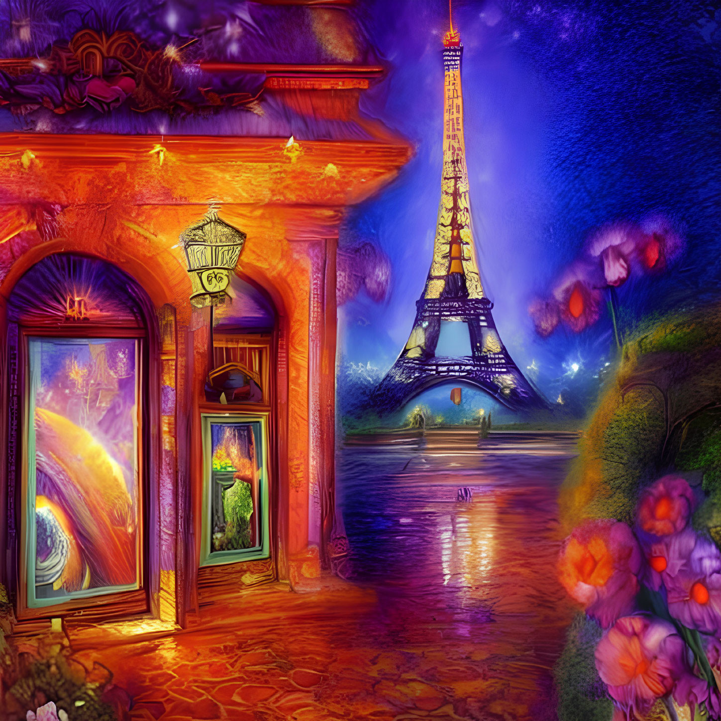 Colorful Artwork of Eiffel Tower at Night with Reflective Building