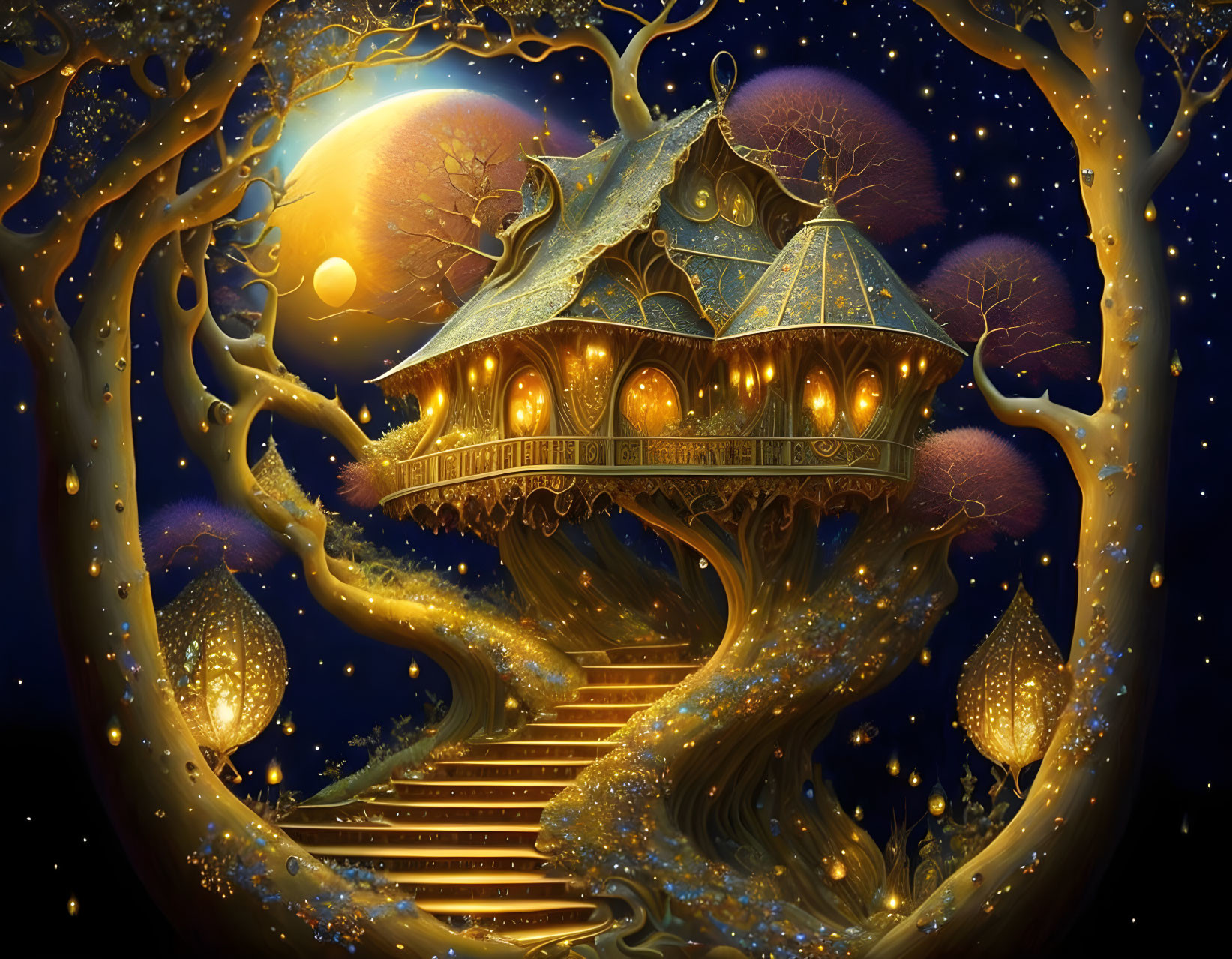 Illustration of glowing treehouse in twisted tree under starry sky