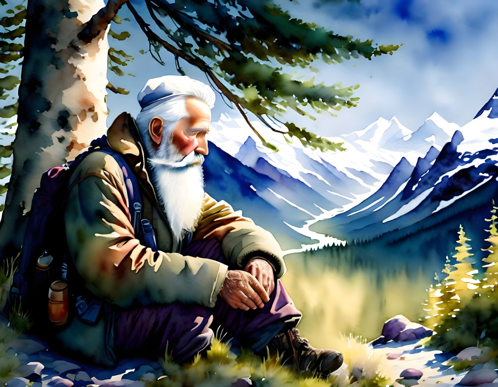 Elderly man with white beard sitting under tree in mountainous landscape