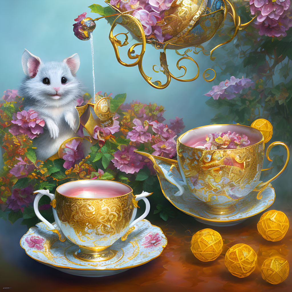 Fluffy white mouse pouring tea from golden teapot in whimsical illustration