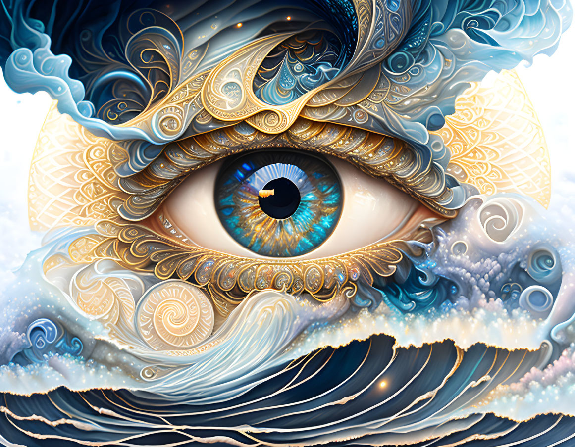 Stylized eye digital artwork with intricate blue, gold, and white patterns