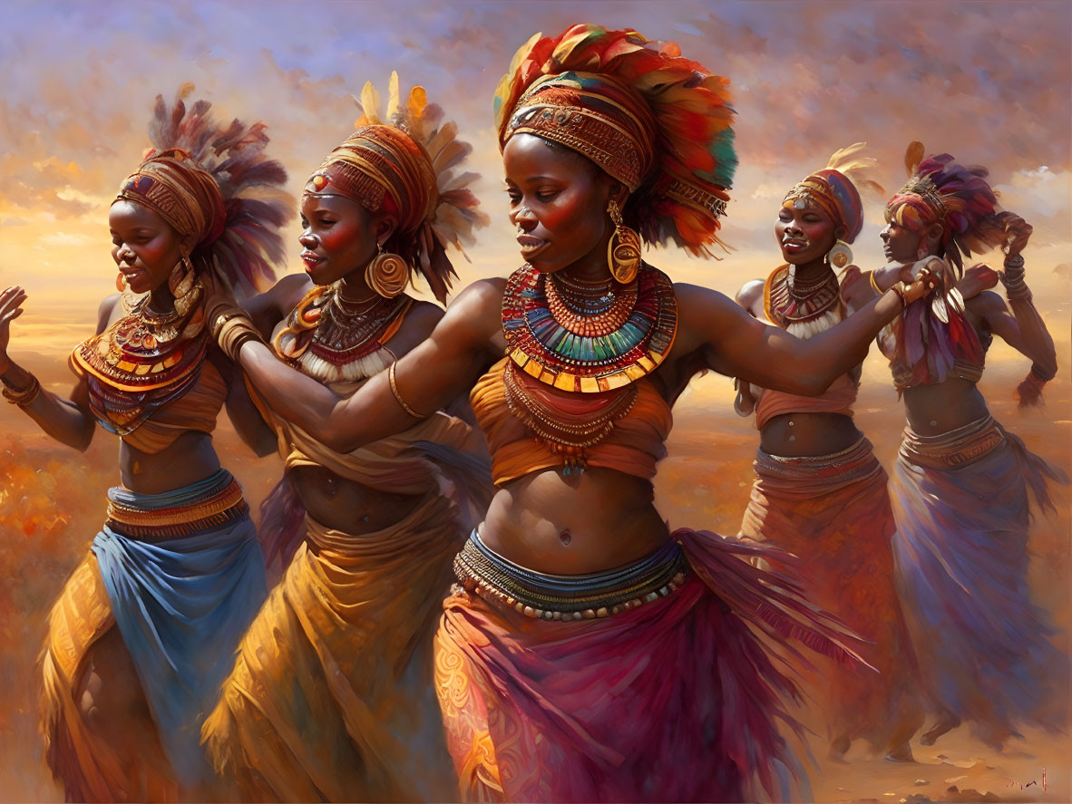 Colorful African attire: Four women dancing joyfully