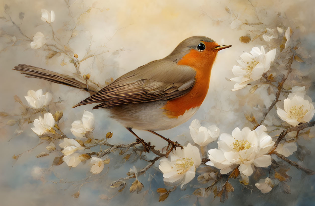 Robin perched on branch with white blossoms on beige background