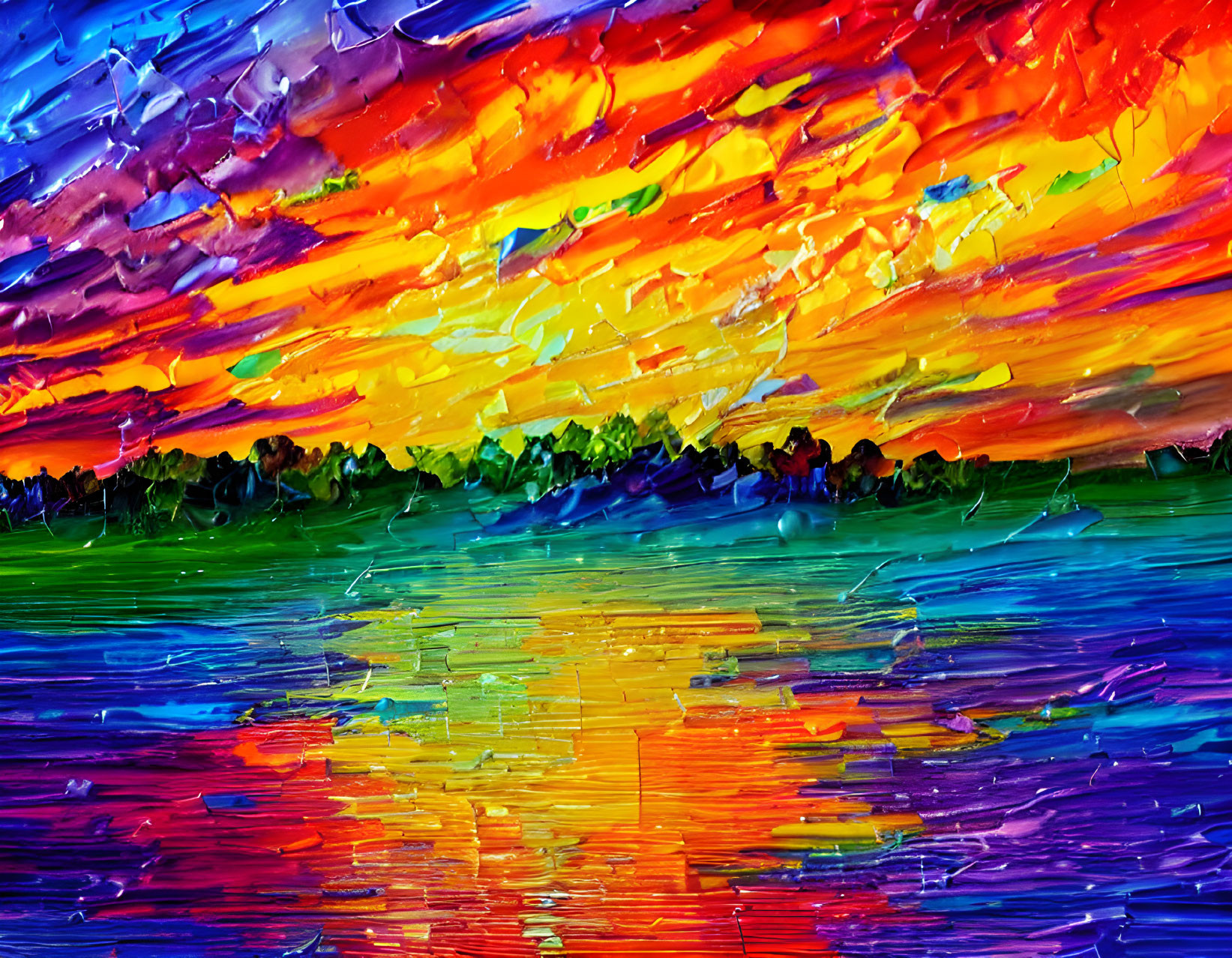 Sunset painting with vibrant orange and red sky over blue water and foliage silhouette