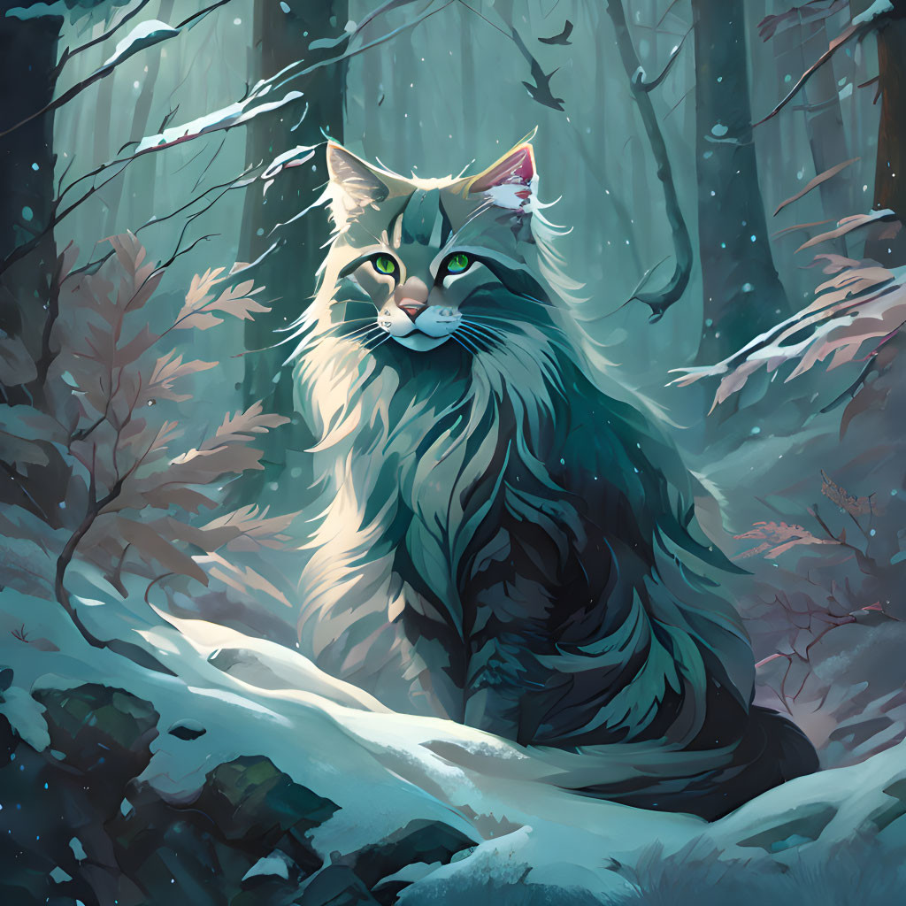 Long-haired cat with green eyes in snowy forest with falling snowflakes