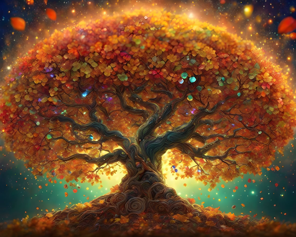 Colorful whimsical tree under starry sky with floating leaves and glowing orbs