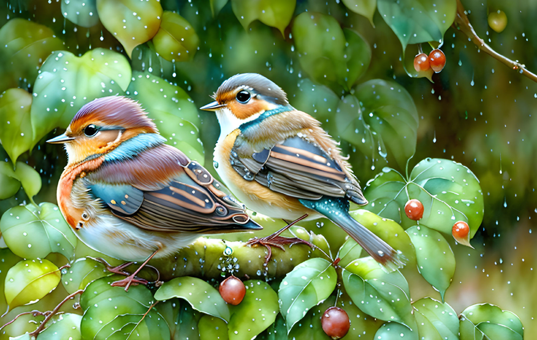 Colorful birds on branch with raindrops and red berries in background