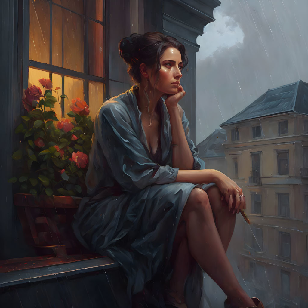 Woman sitting on windowsill looking at rainy cityscape with flowers and moody lighting.