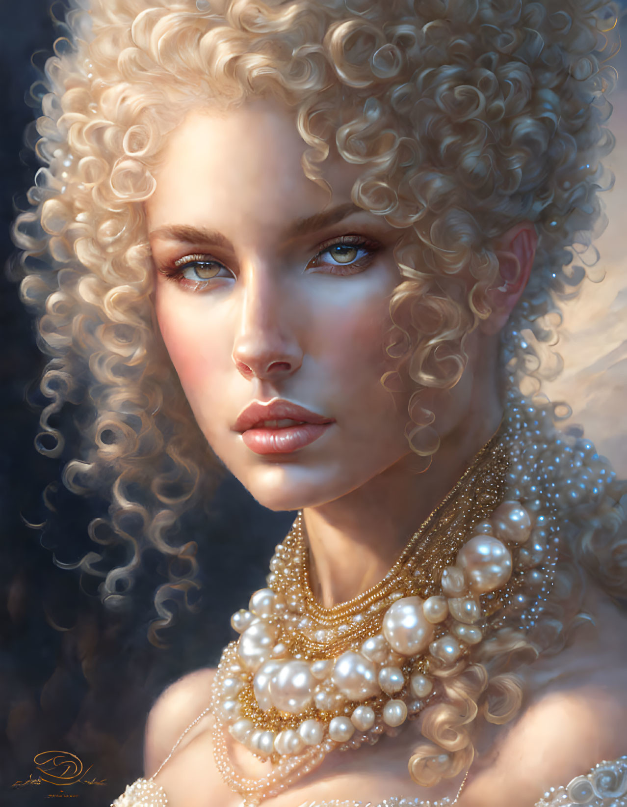 Portrait of woman with curly blonde hair and blue eyes wearing pearl necklaces