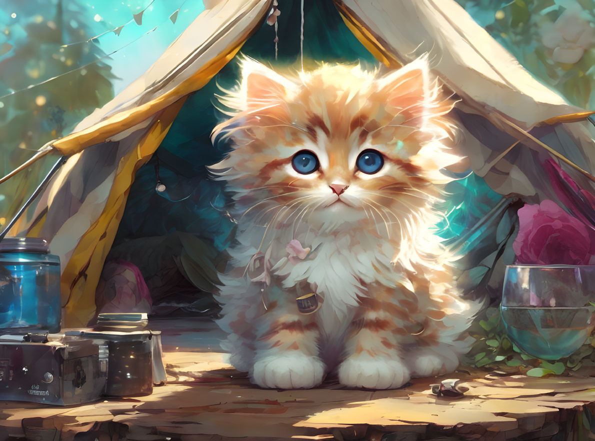 Fluffy orange and white kitten by canvas tent in forest setting