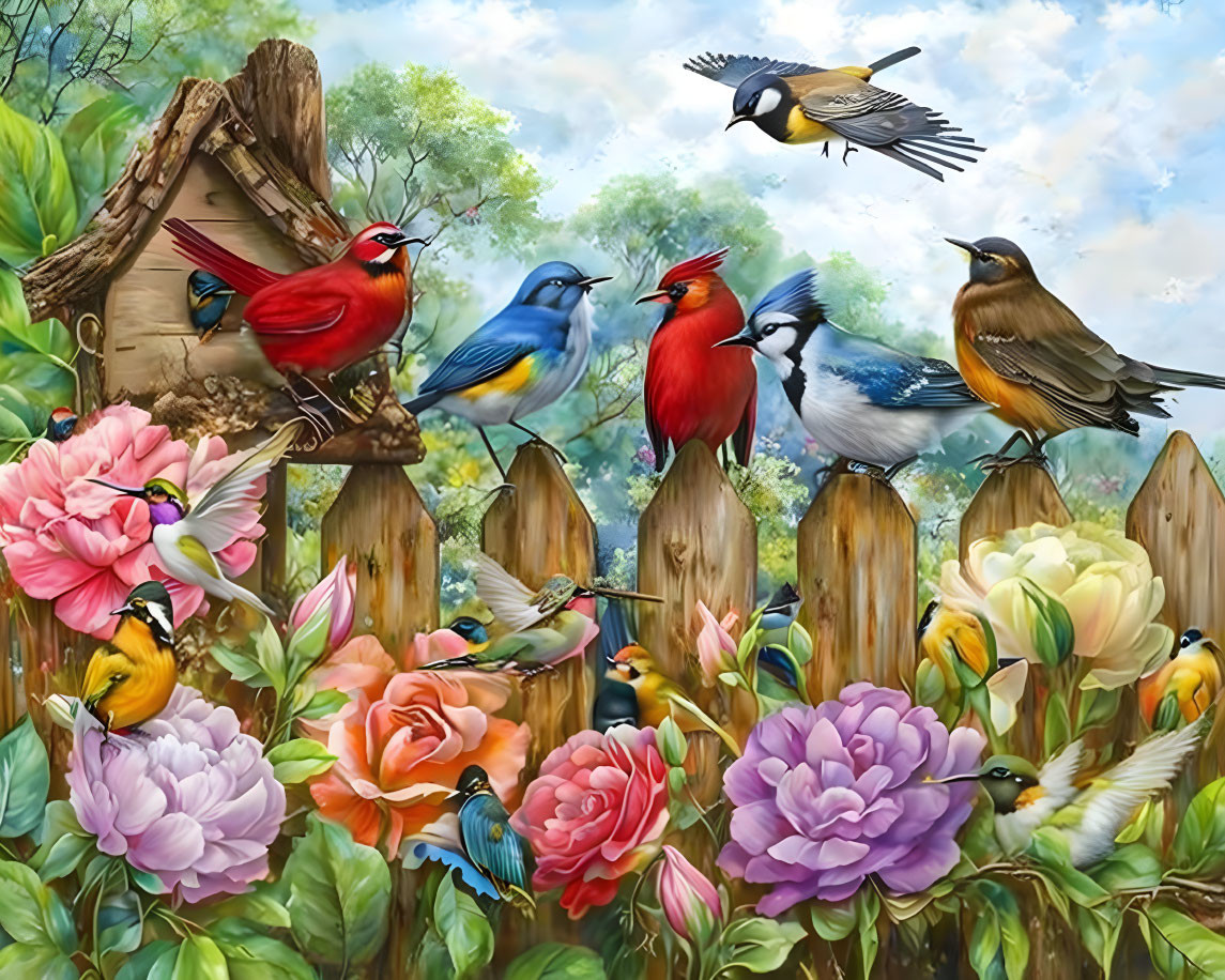 Colorful Birds Painting on Wooden Fence with Birdhouse and Flowers