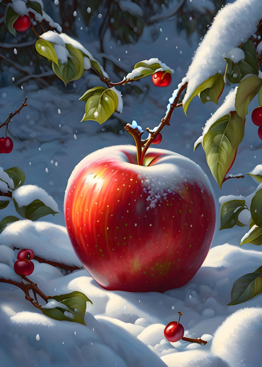 Snowy Scene with Large Red Apple and Berries