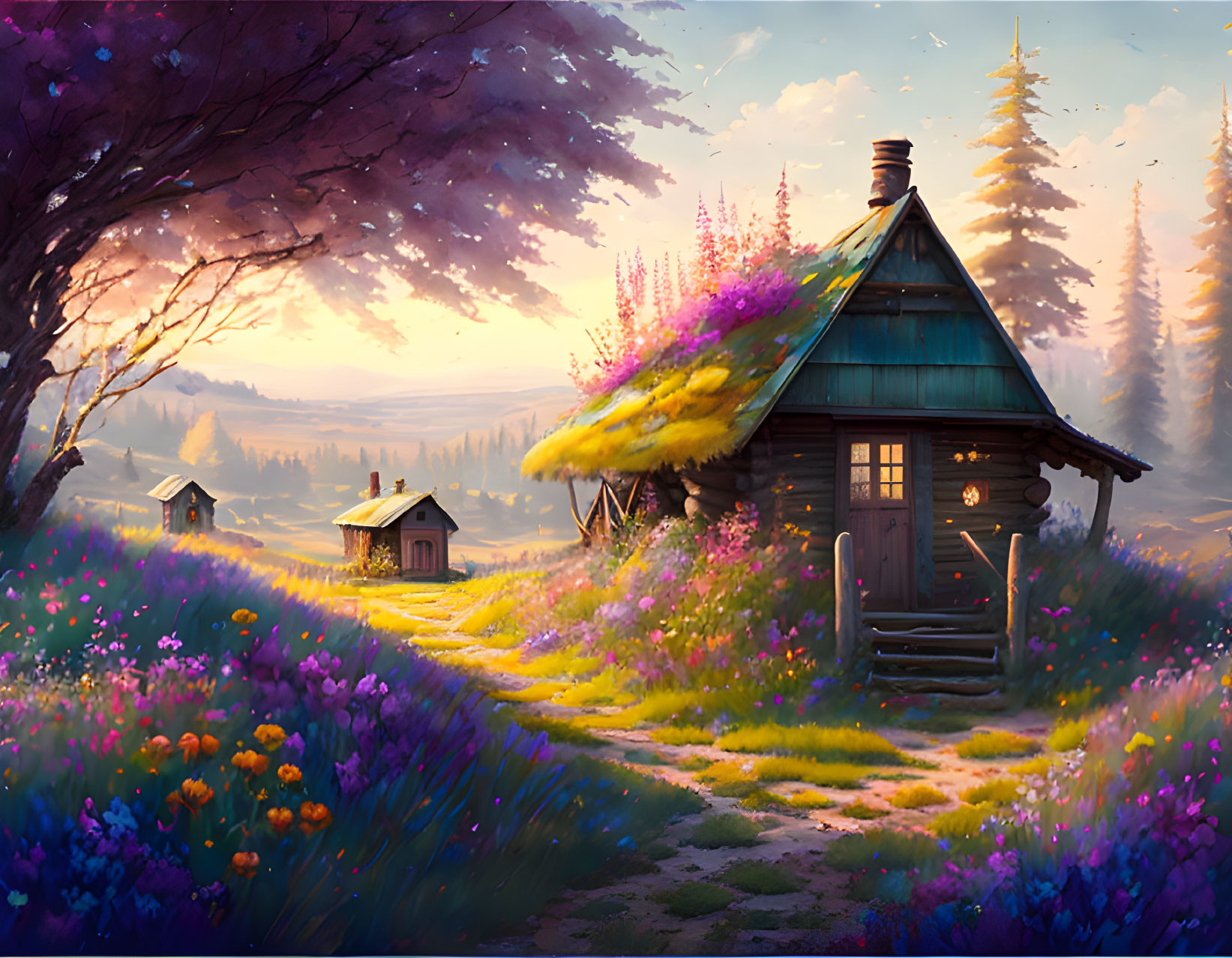 Thatched roof cottage surrounded by wildflowers at sunset