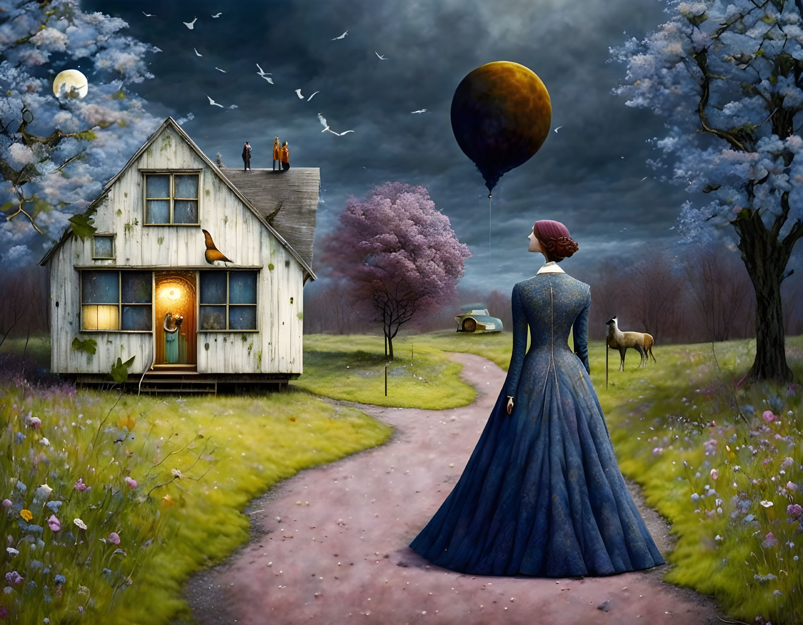 Woman in blue dress on path to whimsical house with sheep, balloon, and vibrant trees