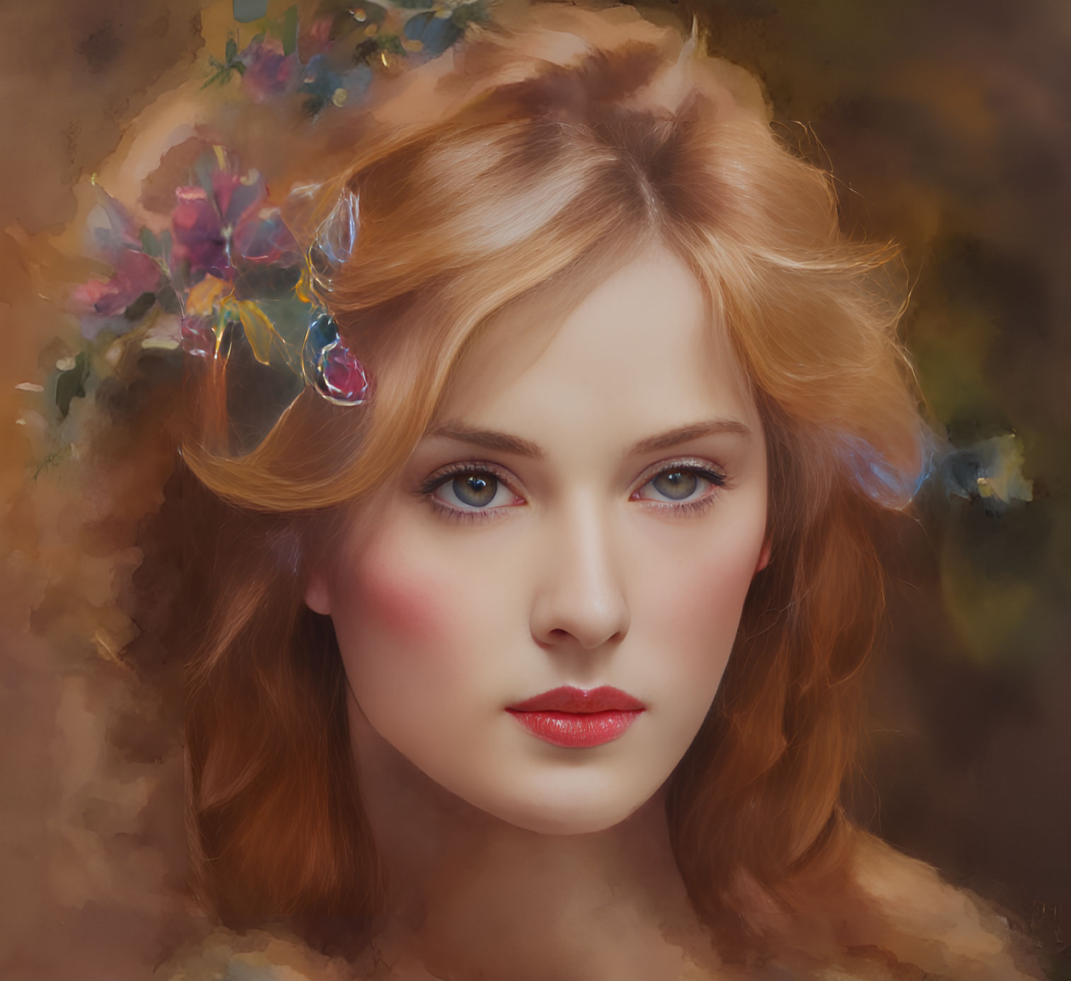 Digital portrait of woman with auburn hair and intense gaze, adorned with floral accents on warm background