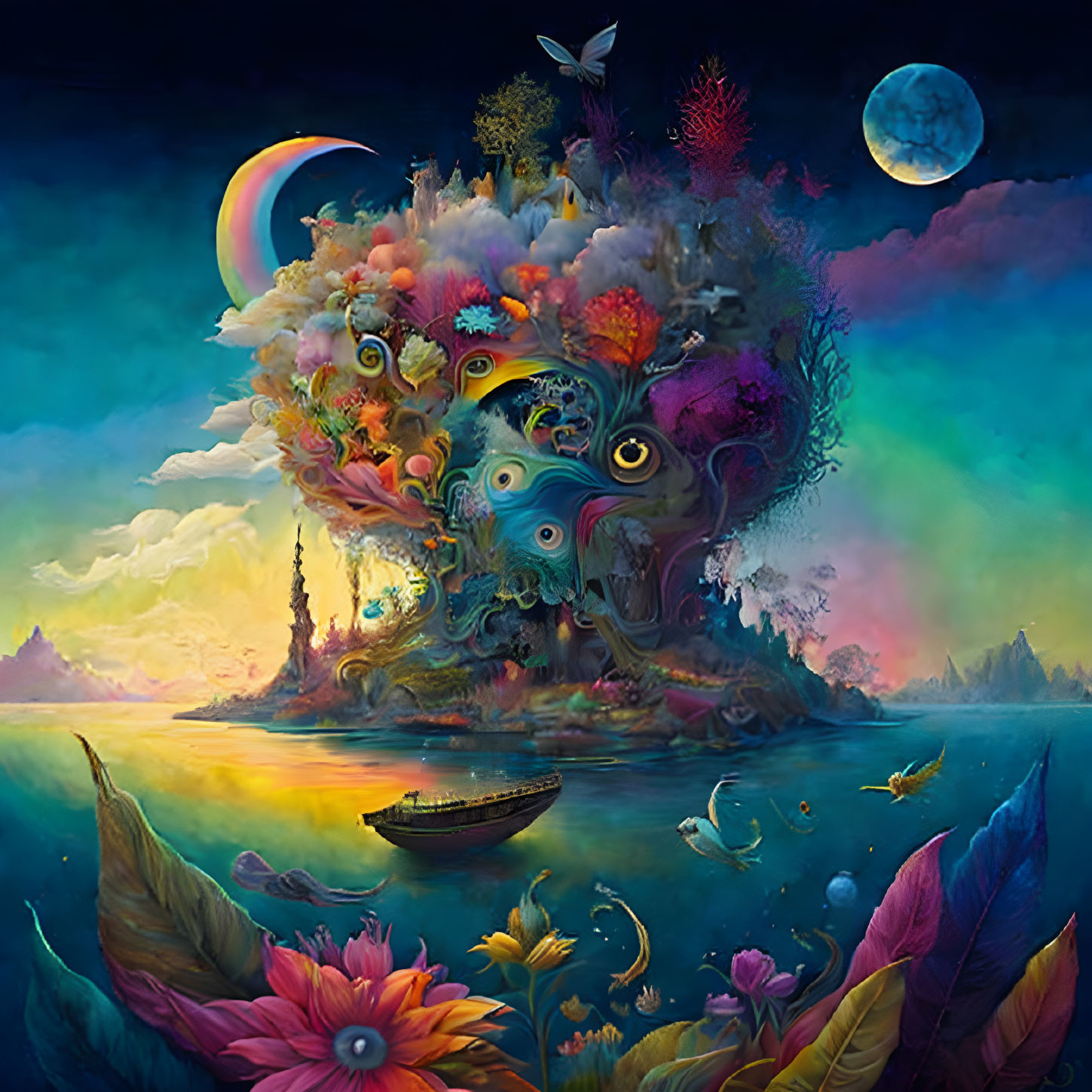 Colorful surreal island artwork with vibrant flora, fauna, boat, moon, and rainbow.