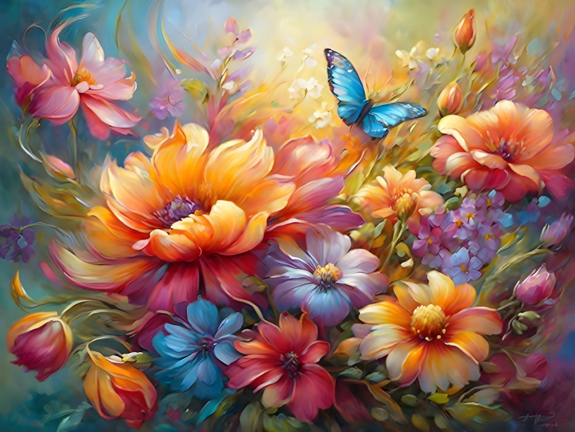 Colorful Flower Painting with Butterfly and Bird on Dreamy Background