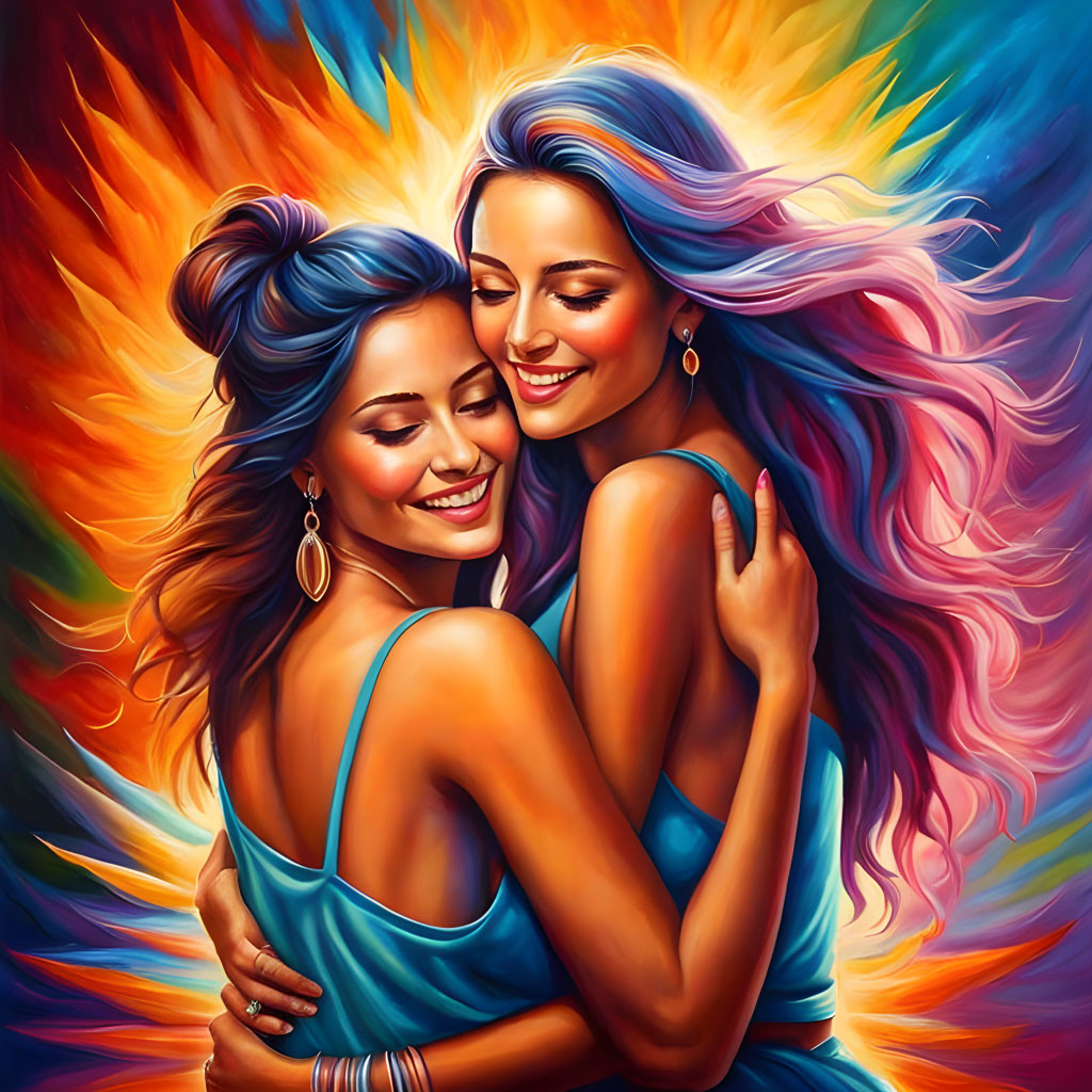 Two Women Embrace with Colorful Hair on Fiery Background