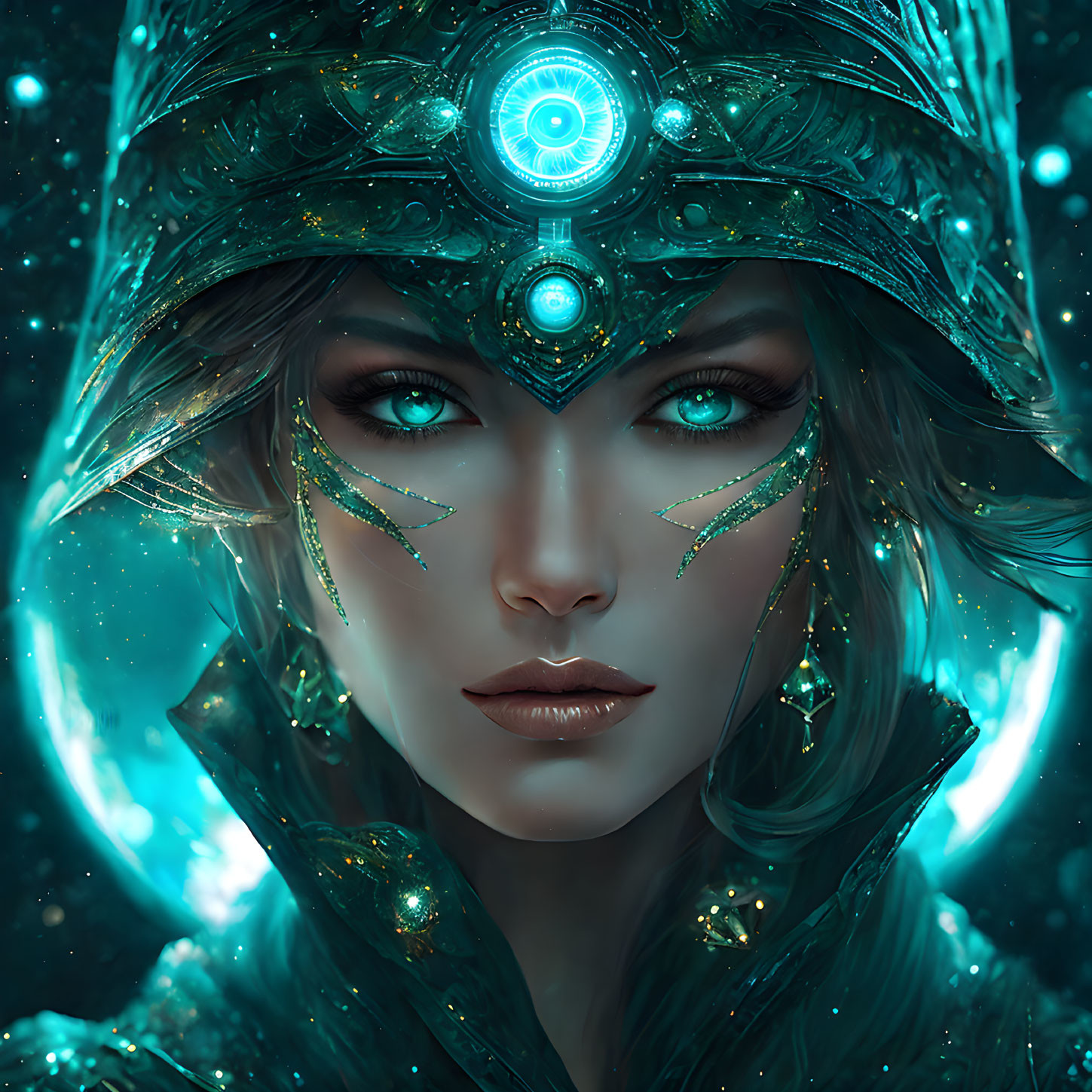 Mystical female figure with teal eyes and elaborate headpiece in starry aura