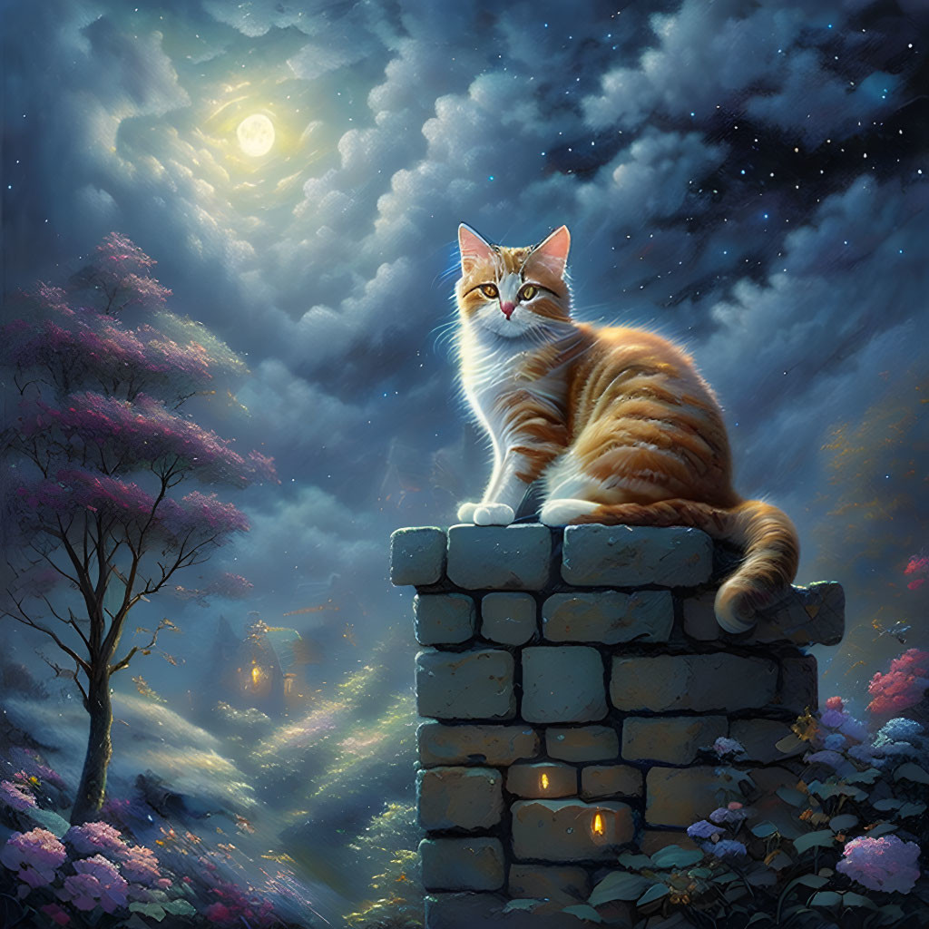 Ginger and White Cat on Brick Pillar in Magical Night Garden