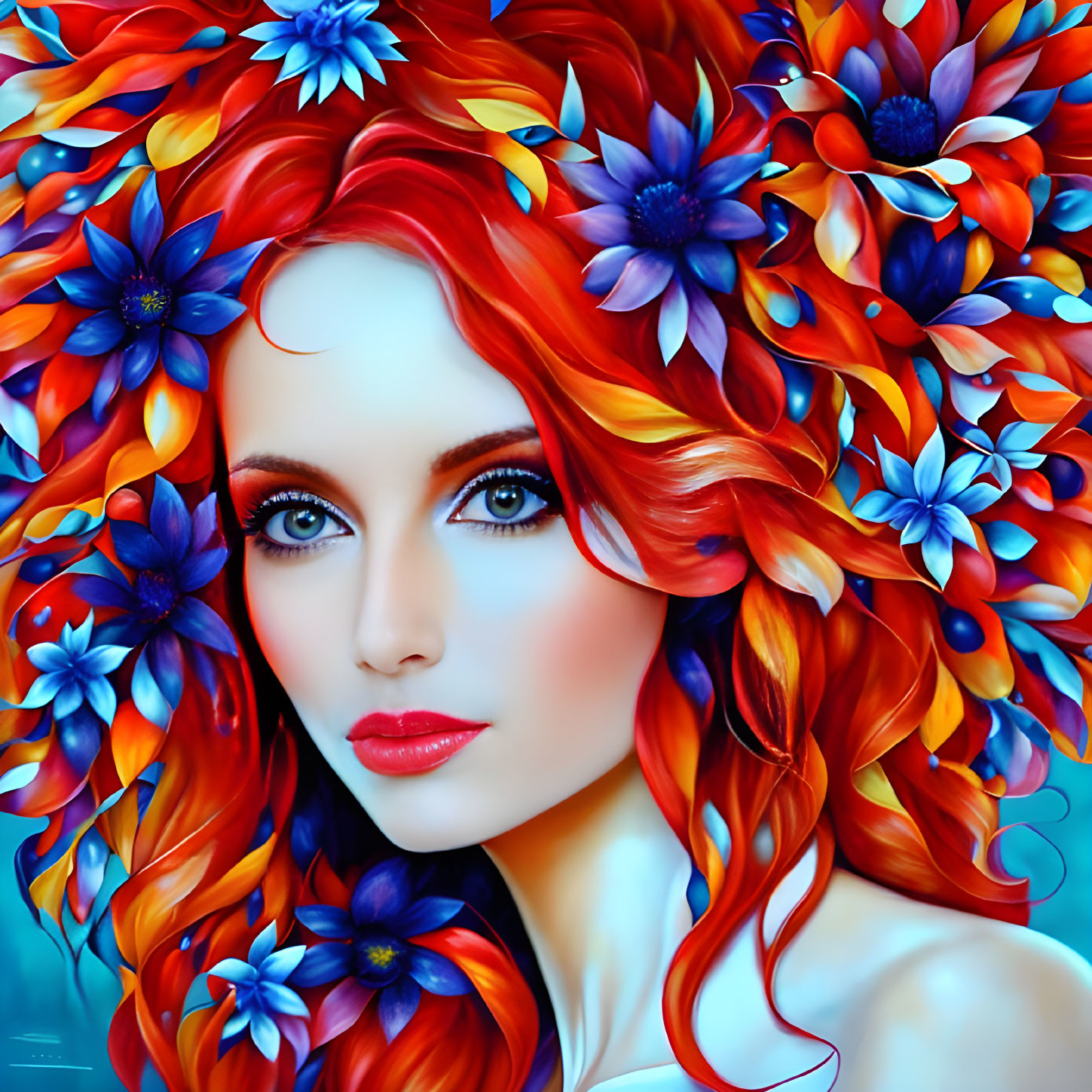 Colorful portrait of woman with red hair and multicolored flowers on blue background